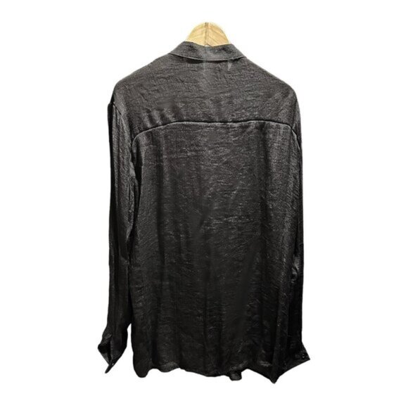 Mandarin Collar Sheer Button Down Long Sleeve Shirt Black - Picture 5 of 5